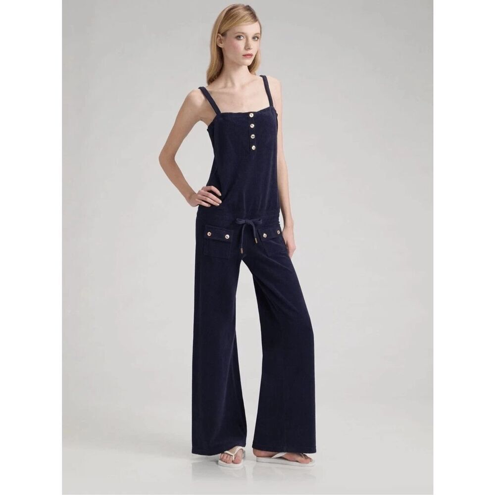 Y2K Juicy Couture Navy Blue Terrycloth Gold Wide Leg Cami Jumpsuit XS Coastal